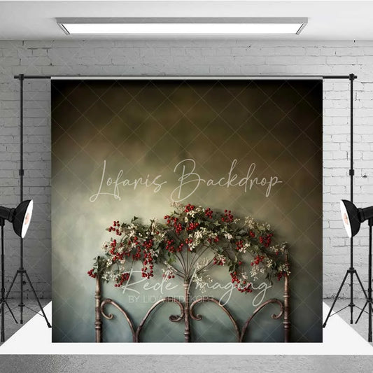 Lofaris Rustic Iron Bed Backdrop Vintage Headboard Red Berry Garland Moody Green Wall Photo Background