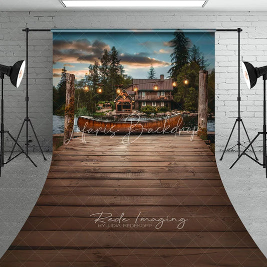 Lofaris Rustic Lake Cabin Wooden Dock Backdrop Vintage Canoe and String Lights Photography Background for Portrait