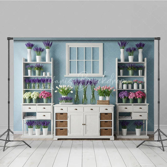 Lofaris Rustic Light Blue Wall Photography Backdrop with White Window Lavender and Tulips Floral Decor