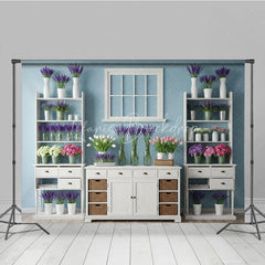 Lofaris Rustic Light Blue Wall Photography Backdrop with White Window Lavender and Tulips Floral Decor