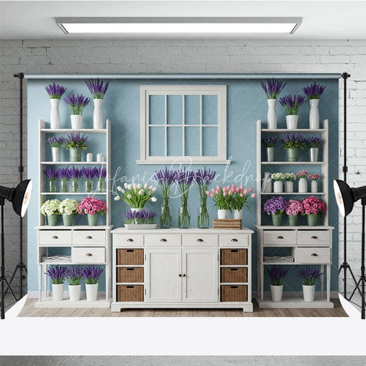 Lofaris Rustic Light Blue Wall Photography Backdrop with White Window Lavender and Tulips Floral Decor