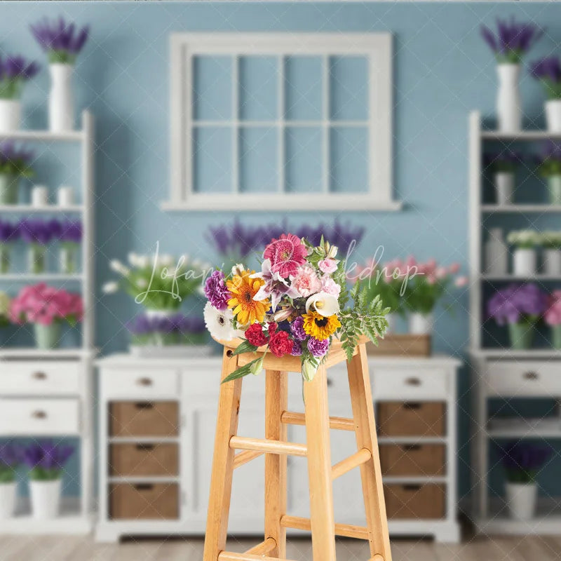 Lofaris Rustic Light Blue Wall Photography Backdrop with White Window Lavender and Tulips Floral Decor