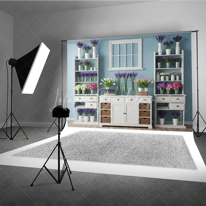 Lofaris Rustic Light Blue Wall Photography Backdrop with White Window Lavender and Tulips Floral Decor