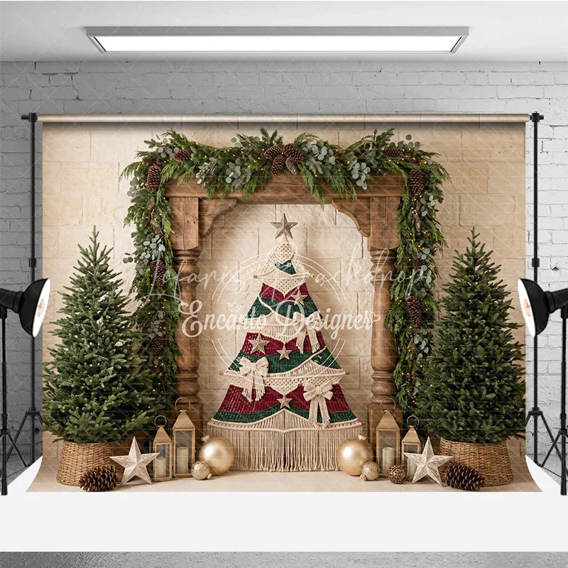 Lofaris Rustic Macrame Christmas Tree Holiday Backdrop with Pine Trees Garland and Gold Ornaments for Festive Winter Decor