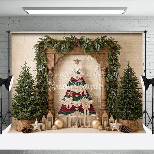 Lofaris Rustic Macrame Christmas Tree Holiday Backdrop with Pine Trees Garland and Gold Ornaments for Festive Winter Decor