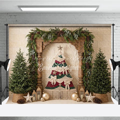 Lofaris Rustic Macrame Christmas Tree Holiday Backdrop with Pine Trees Garland and Gold Ornaments for Festive Winter Decor