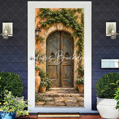 Lofaris Rustic Mediterranean Weathered Wooden Door Cover with Stone Arch Lush Green Ivy and Terracotta Pots Decor