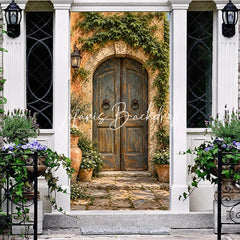 Lofaris Rustic Mediterranean Weathered Wooden Door Cover with Stone Arch Lush Green Ivy and Terracotta Pots Decor