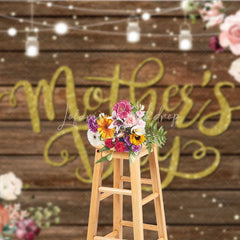 Lofaris Rustic Mother’s Day Backdrop Wood Floor and String Lights Floral Photo Background