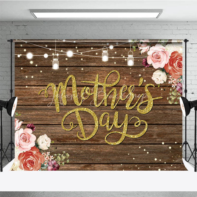 Lofaris Rustic Mother’s Day Backdrop Wood Floor and String Lights Floral Photo Background