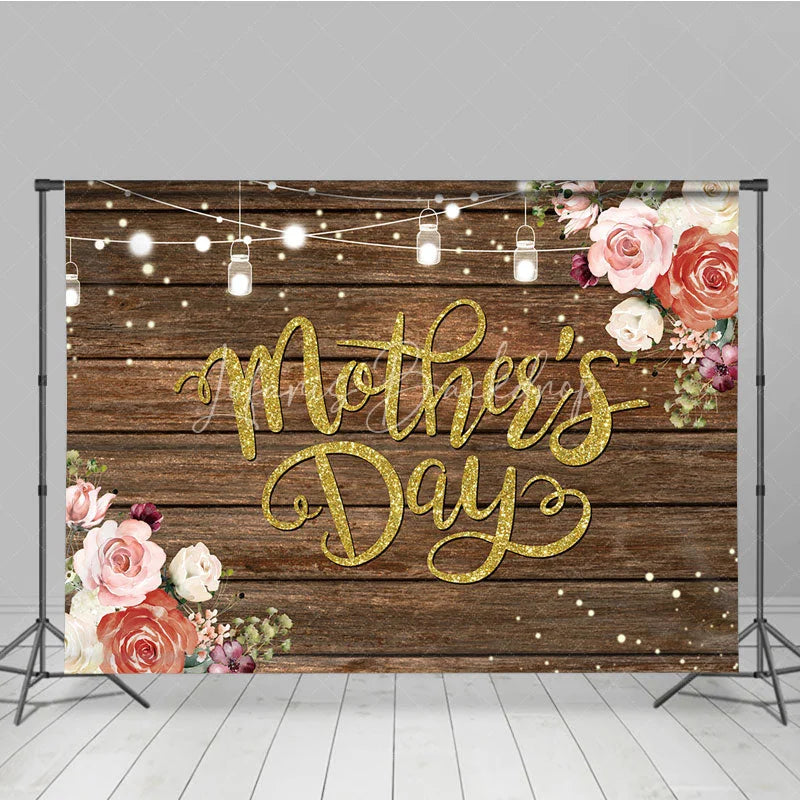 Lofaris Rustic Mother’s Day Backdrop Wood Floor and String Lights Floral Photo Background