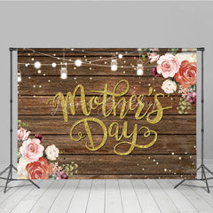 Lofaris Rustic Mother’s Day Backdrop Wood Floor and String Lights Floral Photo Background
