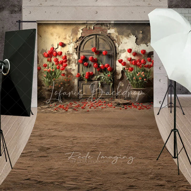 Lofaris Rustic Old Arch Door Red Tulips Backdrop Vintage Grunge Stone Wall Dirt Floor Spring Photography Background