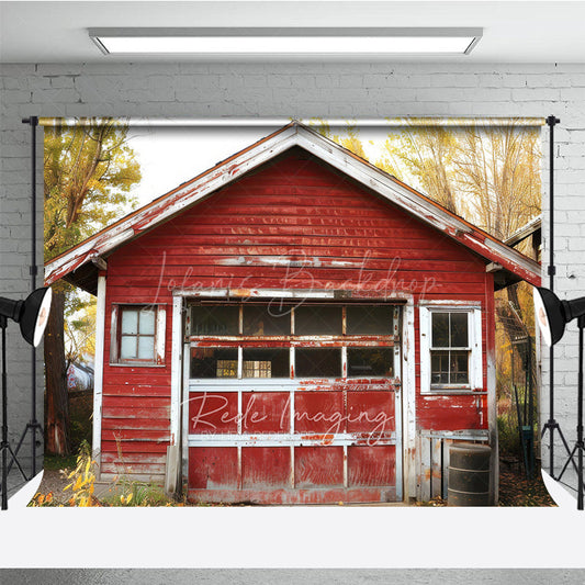 Lofaris Rustic Red Barn Garage Photography Backdrop Old Farm Building in an Autumn Forest Countryside Photo Prop Scene