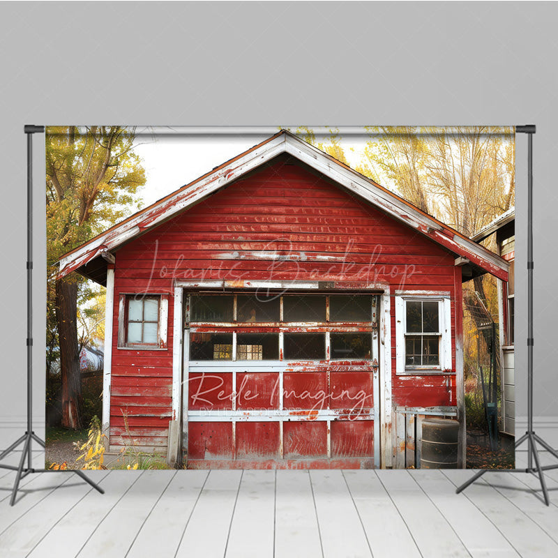 Lofaris Rustic Red Barn Garage Photography Backdrop Old Farm Building in an Autumn Forest Countryside Photo Prop Scene