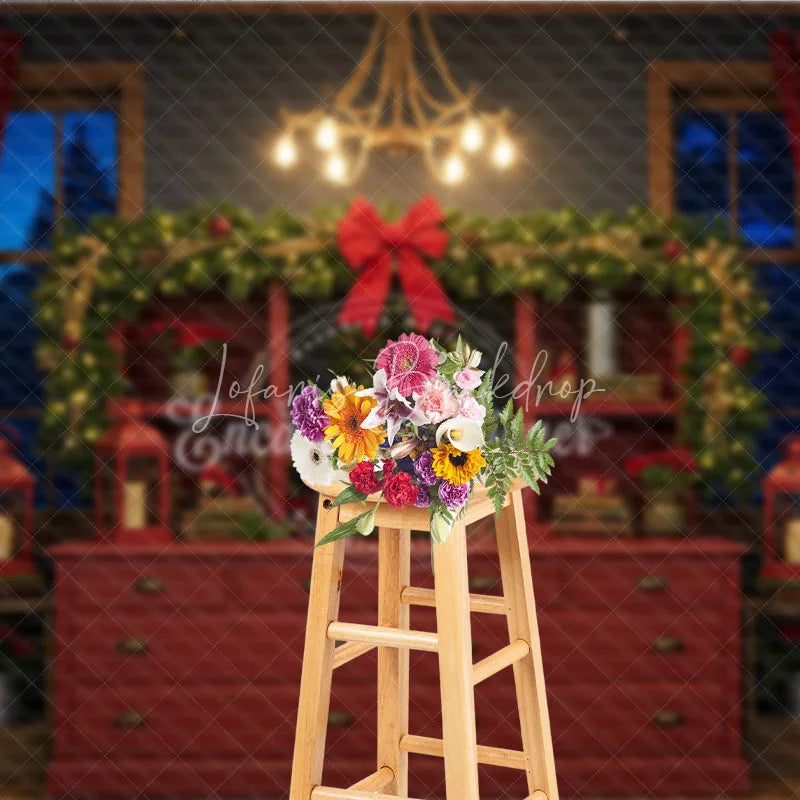 Lofaris Rustic Red Hutch Christmas Photography Backdrop Cozy Farmhouse Decor Holiday Mini Session Background
