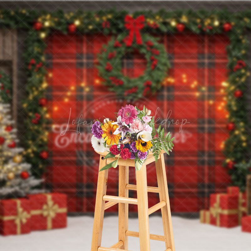 Lofaris Rustic Red Plaid Christmas Photography Backdrop Farmhouse Decor with Flocked Tree Buffalo Check Background