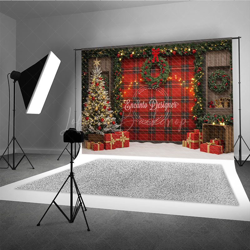 Lofaris Rustic Red Plaid Christmas Photography Backdrop Farmhouse Decor with Flocked Tree Buffalo Check Background