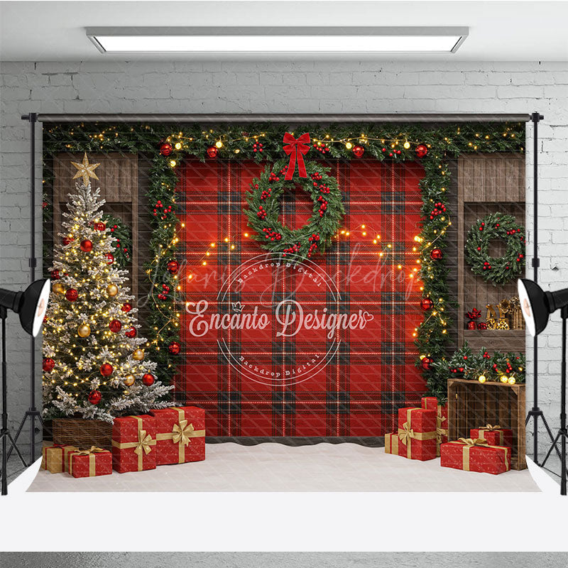 Lofaris Rustic Red Plaid Christmas Photography Backdrop Farmhouse Decor with Flocked Tree Buffalo Check Background
