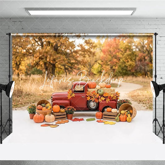 Lofaris Rustic Red Vintage Truck with Pumpkins and Hay Bales Autumn Leaves Photography Backdrop Fall Harvest Decor