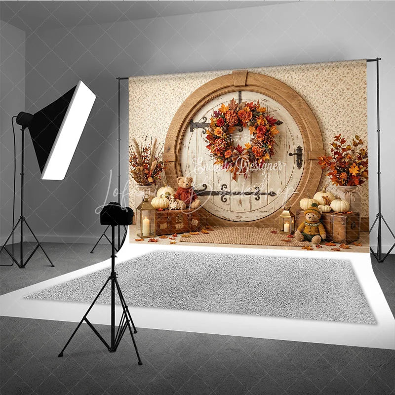 Lofaris Rustic Round Door Autumn Photography Backdrop Vibrant Fall Wreath Pumpkins Cozy Teddy Bears for Seasonal Photos