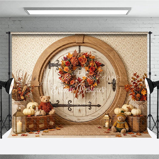 Lofaris Rustic Round Door Autumn Photography Backdrop Vibrant Fall Wreath Pumpkins Cozy Teddy Bears for Seasonal Photos