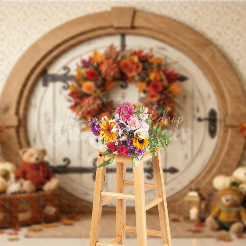 Lofaris Rustic Round Door Autumn Photography Backdrop Vibrant Fall Wreath Pumpkins Cozy Teddy Bears for Seasonal Photos