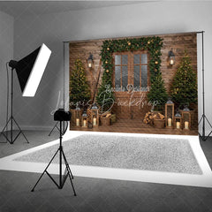 Lofaris Rustic Ski Lodge Christmas Photography Backdrop Wooden Door with Garland and Lanterns Cozy Holiday Cabin Background