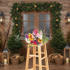 Lofaris Rustic Ski Lodge Christmas Photography Backdrop Wooden Door with Garland and Lanterns Cozy Holiday Cabin Background