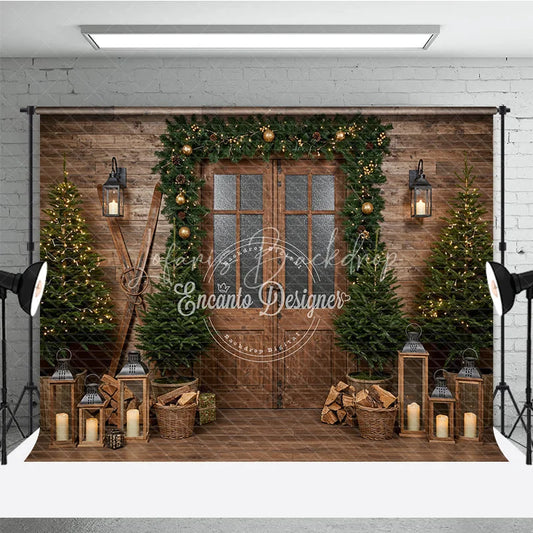 Lofaris Rustic Ski Lodge Christmas Photography Backdrop Wooden Door with Garland and Lanterns Cozy Holiday Cabin Background