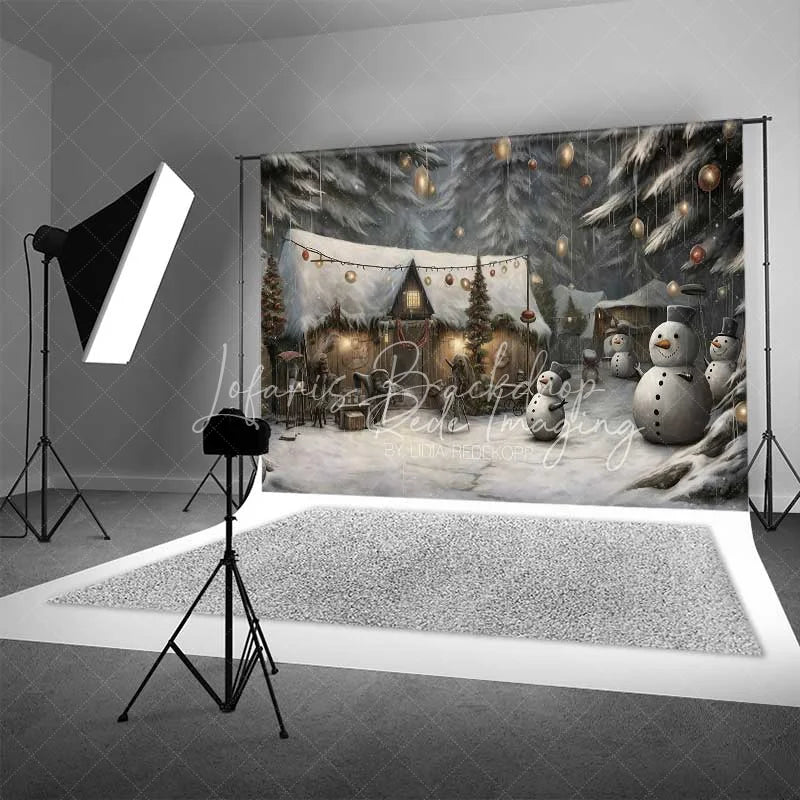 Lofaris Rustic Snowman Village Backdrop Snowy Wooden Huts Winter Night Illustration Photo Background