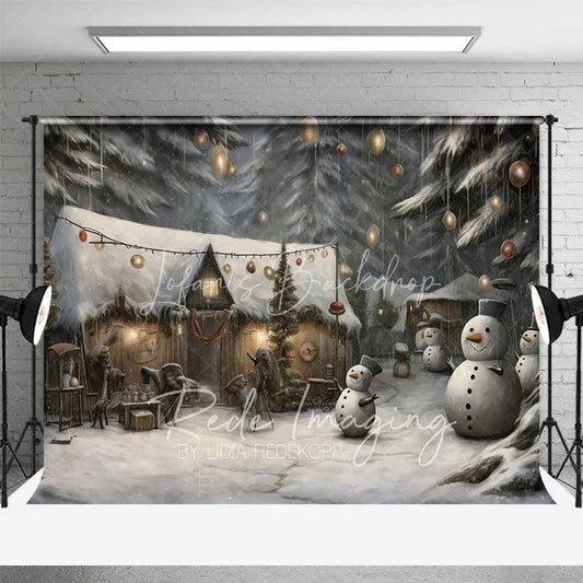 Lofaris Rustic Snowman Village Backdrop Snowy Wooden Huts Winter Night Illustration Photo Background