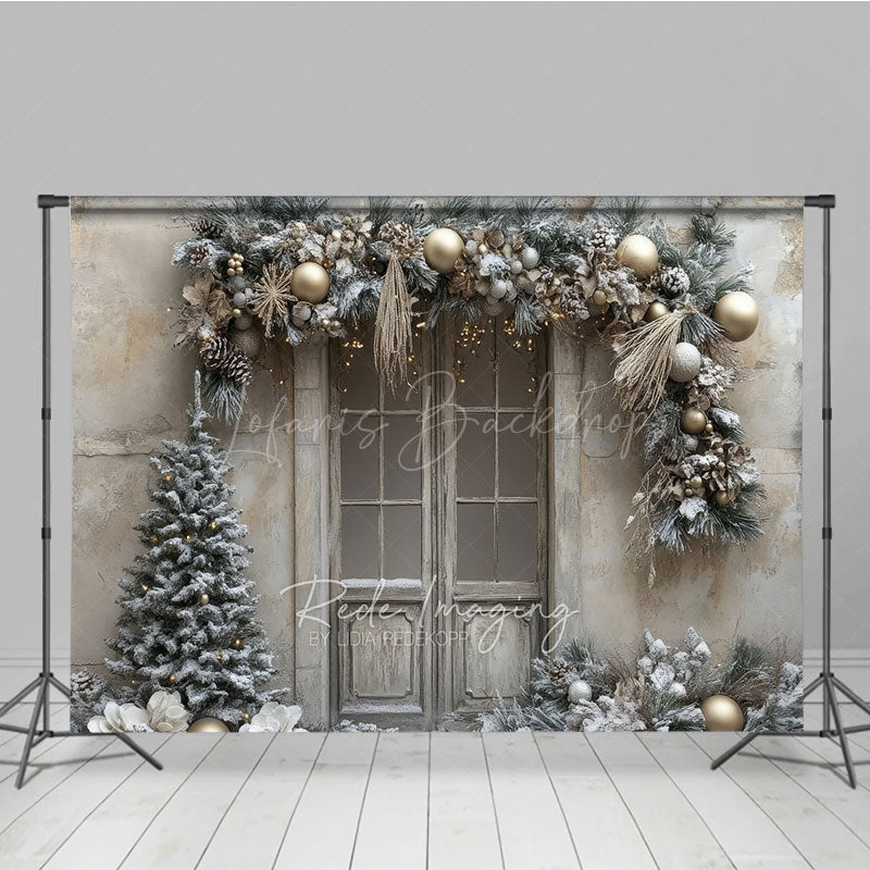 Lofaris Rustic Snowy Door Photography Backdrop Champagne and Silver Garland Flocked Tree Winter Holiday Background