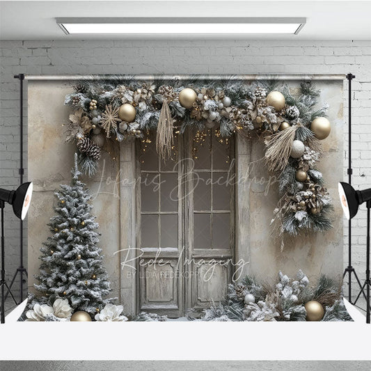 Lofaris Rustic Snowy Door Photography Backdrop Champagne and Silver Garland Flocked Tree Winter Holiday Background