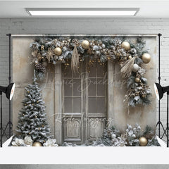 Lofaris Rustic Snowy Door Photography Backdrop Champagne and Silver Garland Flocked Tree Winter Holiday Background
