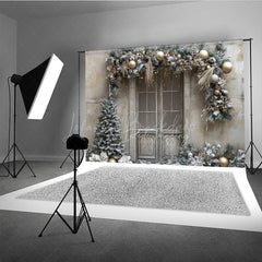Lofaris Rustic Snowy Door Photography Backdrop Champagne and Silver Garland Flocked Tree Winter Holiday Background