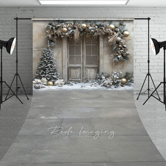 Lofaris Rustic Snowy Door Sweep Backdrop Champagne and Silver Garland Flocked Tree Winter Holiday Floor Drop