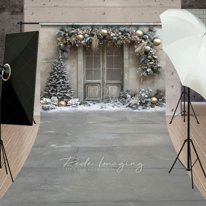 Lofaris Rustic Snowy Door Sweep Backdrop Champagne and Silver Garland Flocked Tree Winter Holiday Floor Drop