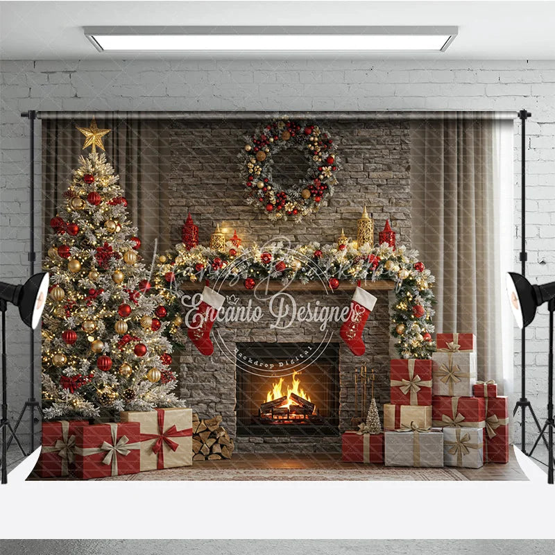 Lofaris Rustic Stone Fireplace Photography Backdrop Christmas Tree with Stockings Cozy Holiday Mini Session Background