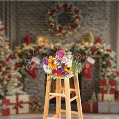 Lofaris Rustic Stone Fireplace Photography Backdrop Christmas Tree with Stockings Cozy Holiday Mini Session Background