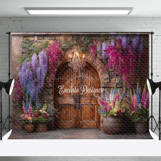 Lofaris Rustic Stone Wall and Door Photography Backdrop Colorful Spring Flowers Winery Wedding Photo Background