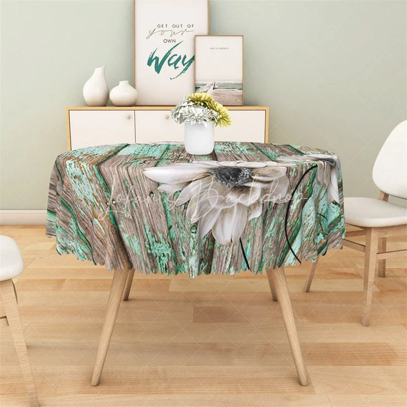 Lofaris Rustic Teal Wood Daisy Round Tablecloth Vintage White Flower Wooden Table Cover for Kitchen
