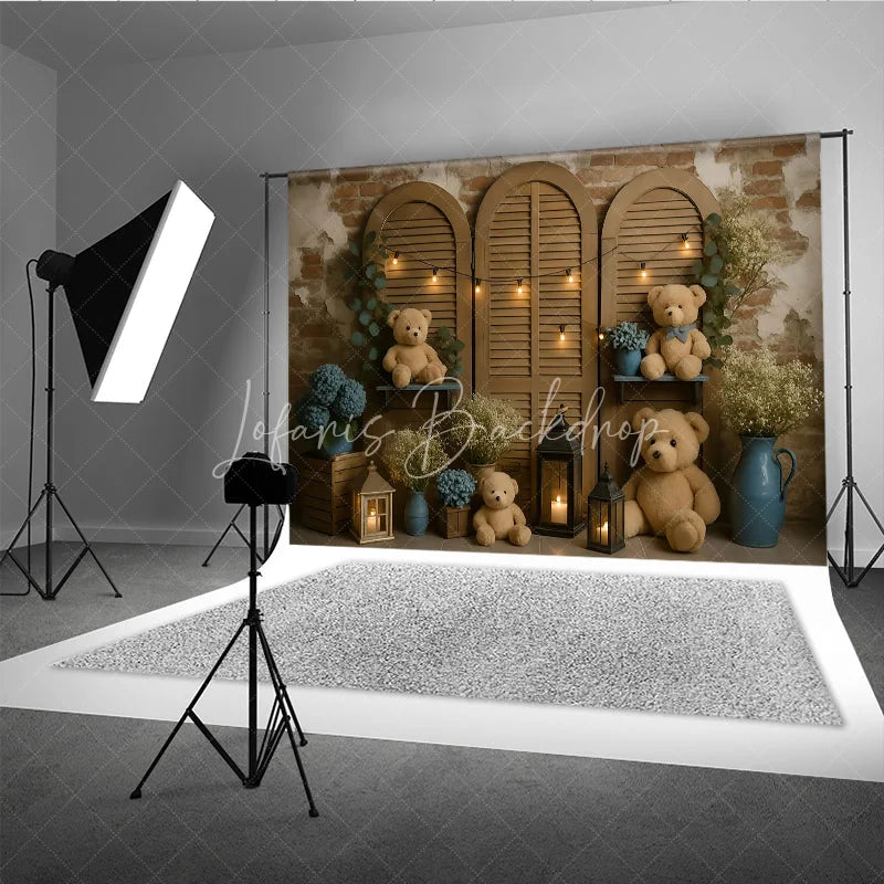 Lofaris Rustic Teddy Bear Cake Smash Photography Backdrop Shutter Doors with String Lights Baby’s Breath Floral Decor