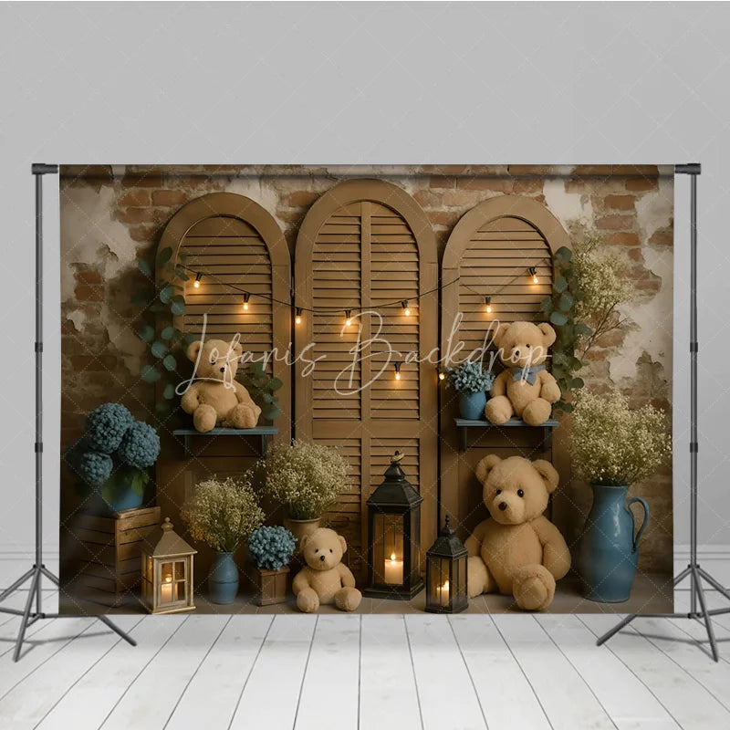 Lofaris Rustic Teddy Bear Cake Smash Photography Backdrop Shutter Doors with String Lights Baby’s Breath Floral Decor