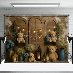 Lofaris Rustic Teddy Bear Cake Smash Photography Backdrop Shutter Doors with String Lights Baby’s Breath Floral Decor