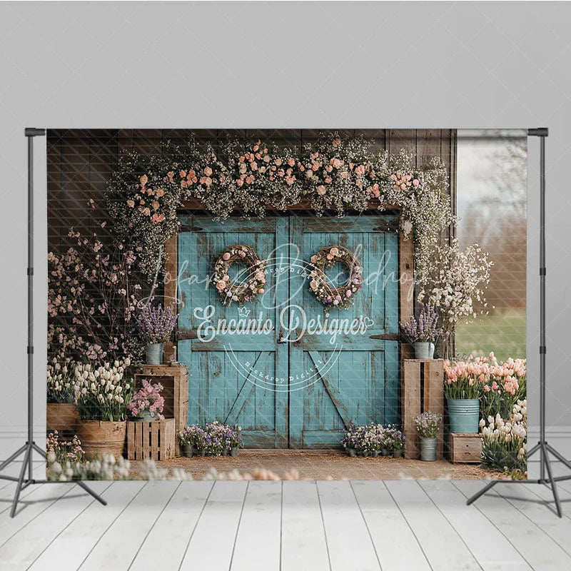 Lofaris Rustic Turquoise Barn Door Photography Backdrop Spring Floral Garden Theme for Easter Wedding Party