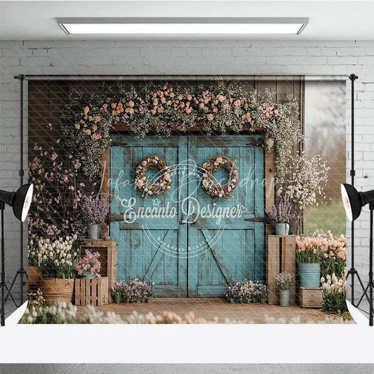 Lofaris Rustic Turquoise Barn Door Photography Backdrop Spring Floral Garden Theme for Easter Wedding Party