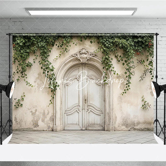 Lofaris Rustic Vintage Arched Door Photography Backdrop with Ornate Carvings Weathered Wall and Green Ivy Vines