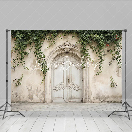 Lofaris Rustic Vintage Arched Door Photography Backdrop with Ornate Carvings Weathered Wall and Green Ivy Vines