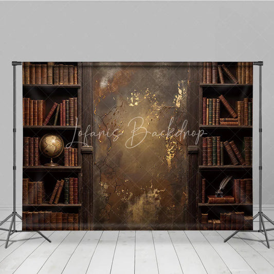 Lofaris Rustic Vintage Library Bookshelf Photography Backdrop with Old Books Distressed Gold Textured Wall and Antique Globe.